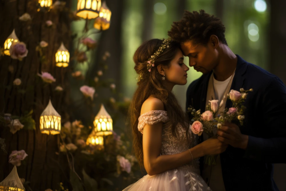 a romantic couple with flowers in a softly lit forest.