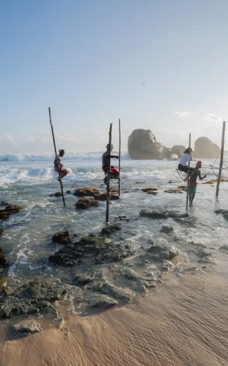 sri lankan stilt fishermen fishing in the ocean at sunset.